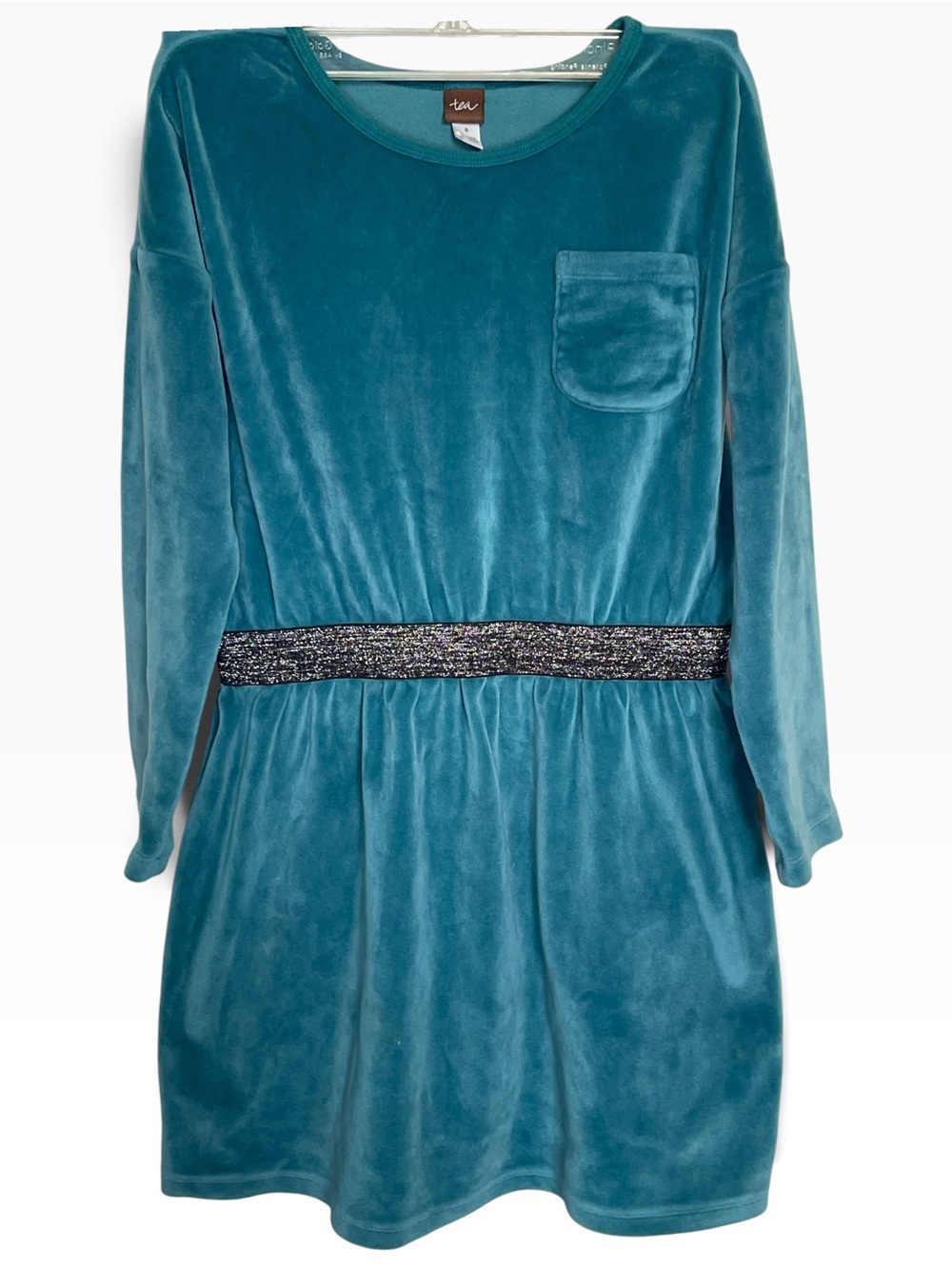 Tea Girls Scuba Teal Velour Sparkle Waisted Long Sleeve Cozy Winter Dress Size 8